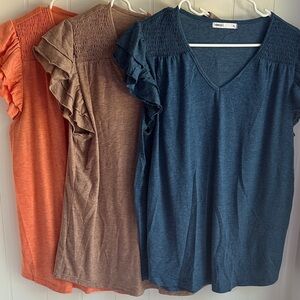 Women's Ruffle Sleeve Tops - Blue, Brown, and Orange
